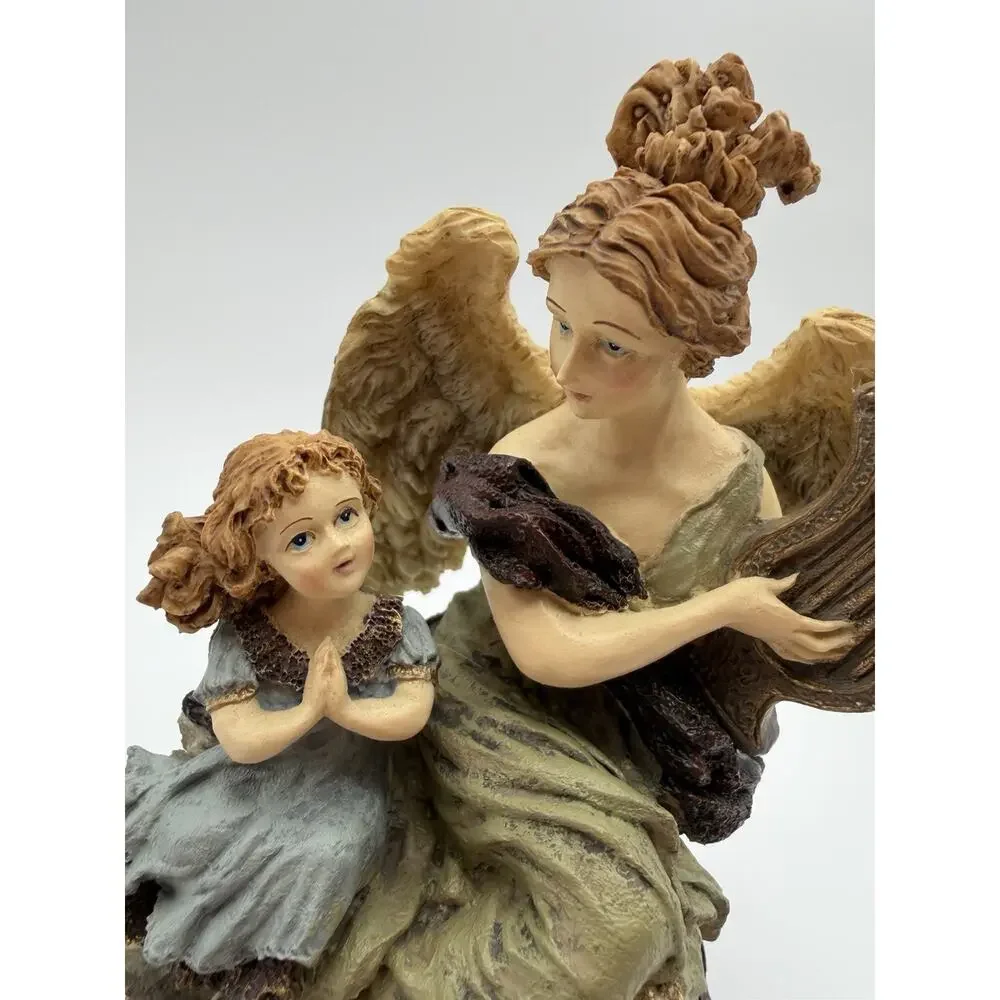 House of Lloyd Vintage Angel Playing Harp w/Child Resin Figurine 7